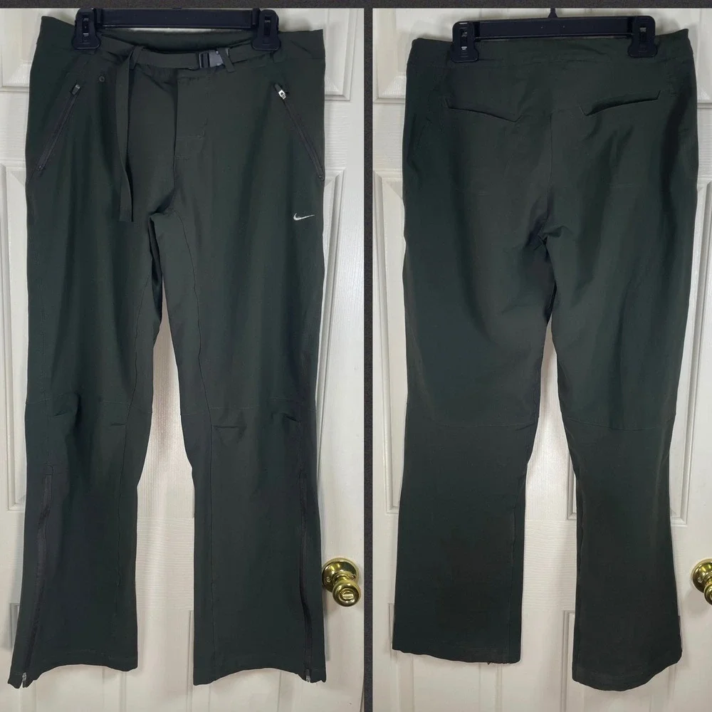 Nike Fit Dry Hiking Pants Womens Medium Dark Olive Green Belted Ankle Zip Flared